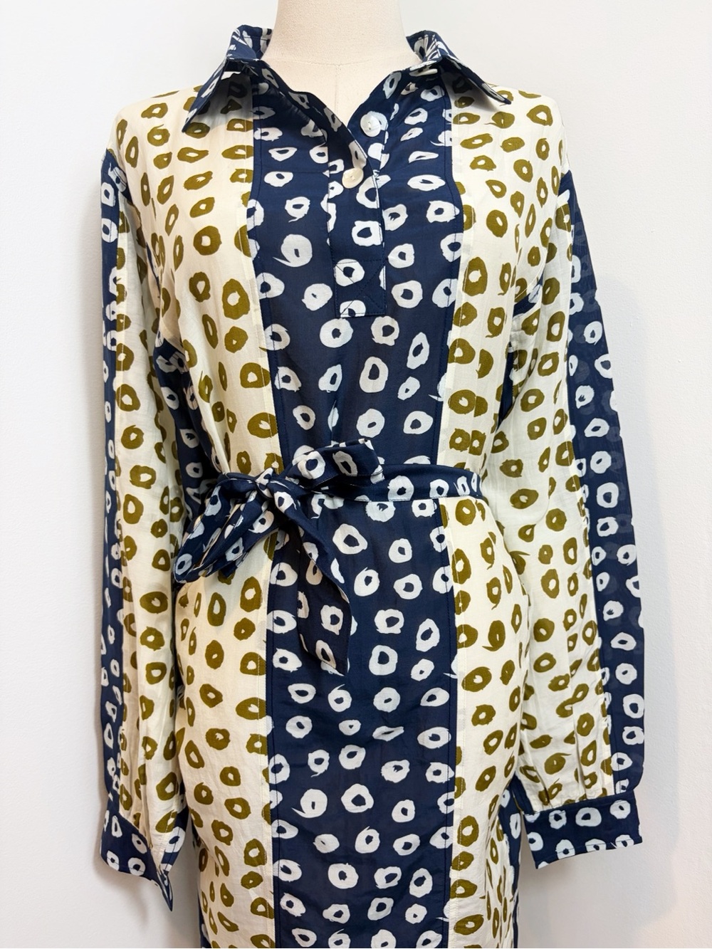 Nikki Chasin Cotton Silk Patchwork Dot Portico Dress With Waist Belt